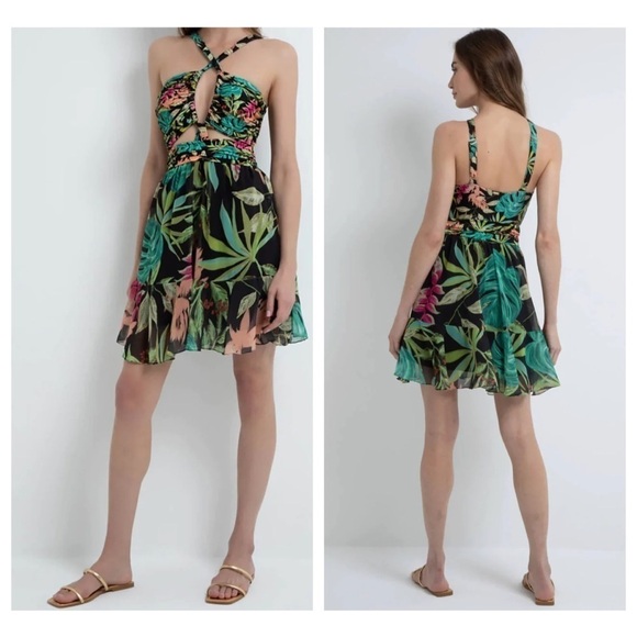 NWT PATBO Tropicalia Palm Cut Out Convertible Mini Dress in Black size L - Picture 4 of 16